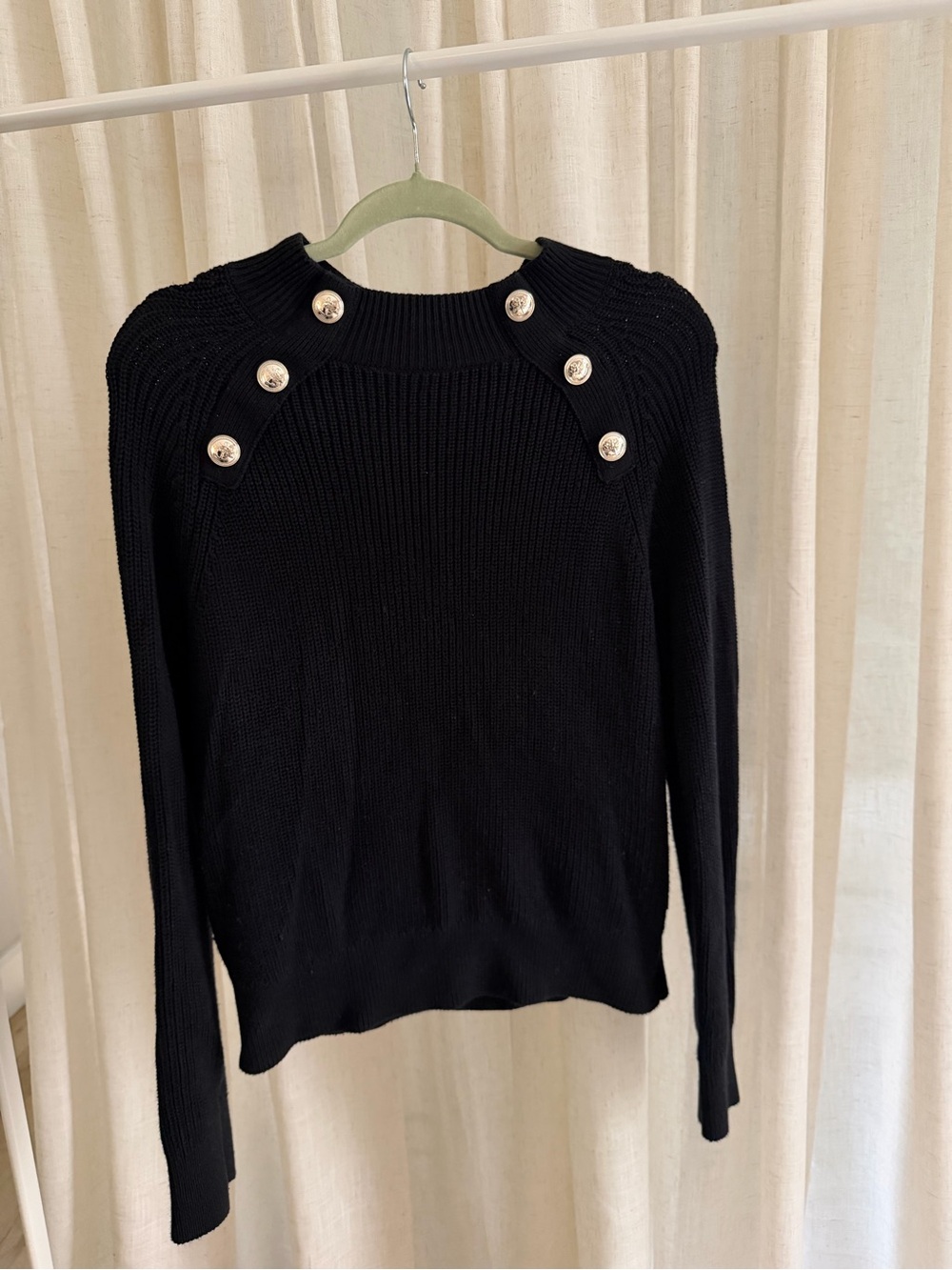 Nautica Jeans Black Ribbed Sweater with Gold Shoulder Buttons